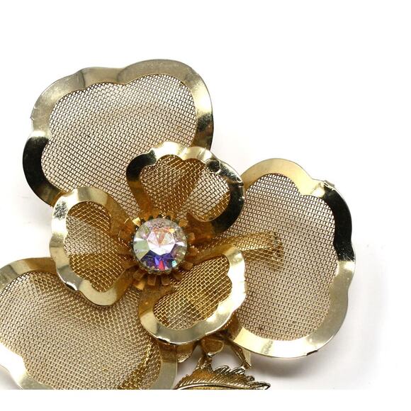 Vintage Large Flower Pin Brooch Gold Metal Mesh Statement Piece 3" High -Hey Viv - Picture 2 of 5